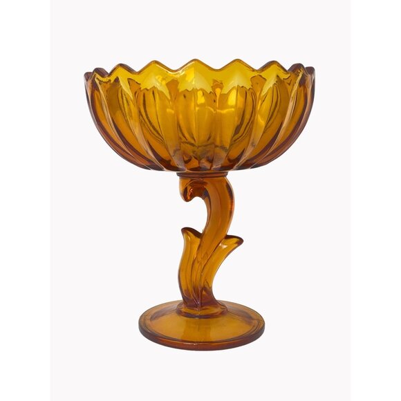 Vintage MCM 7" Indiana Amber Glass Lotus Blossom Pedestal Compote Candy Dish - Picture 1 of 4